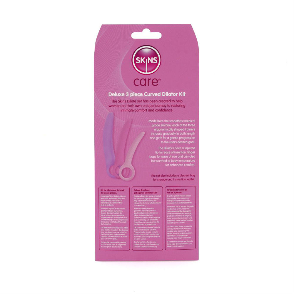A pink box displays a set of three curved silicone dilators in varying sizes.