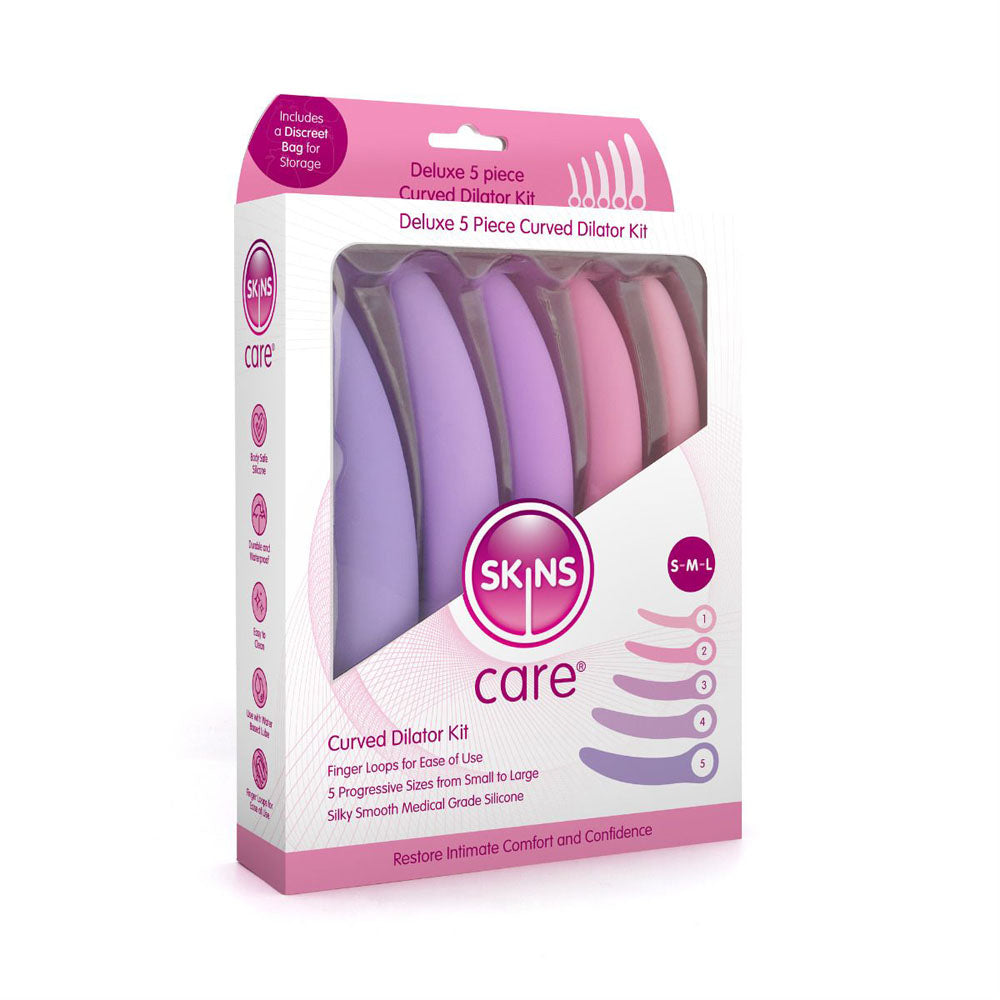 A 5-piece curved silicone dilator set in a pink and purple box.