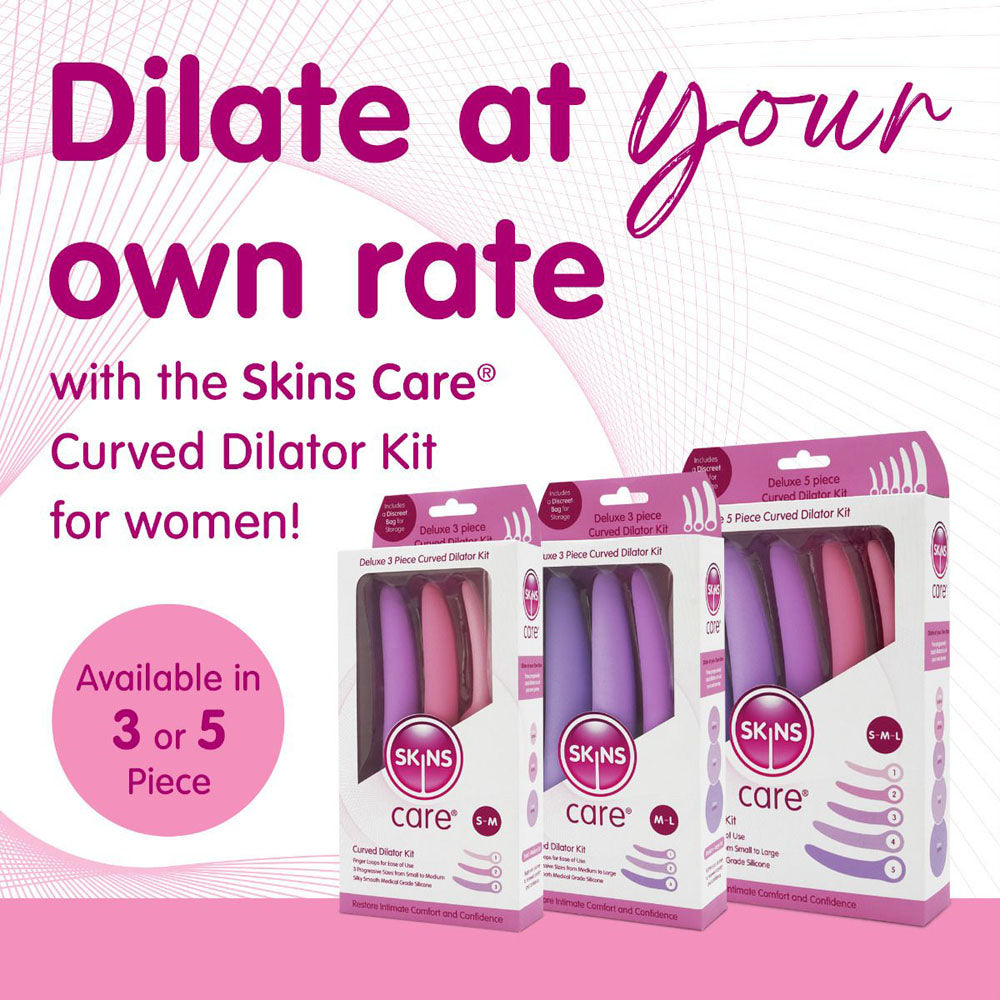 Curved silicone dilator set with three boxes showing pink and purple dilators.