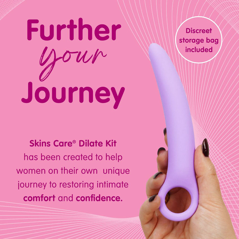 A curved purple silicone dilator held by a hand, with text about a journey to comfort and confidence.
