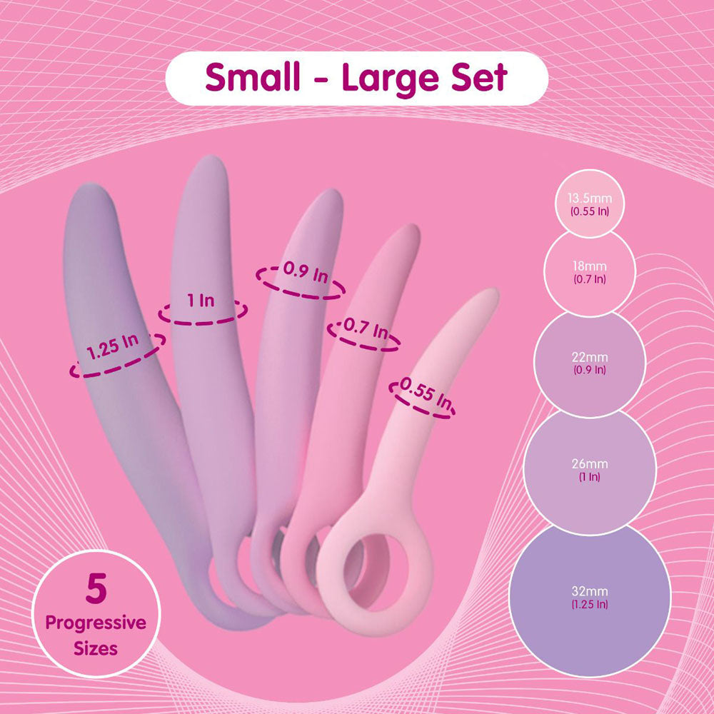 Five curved silicone dilators in progressive sizes with measurements.