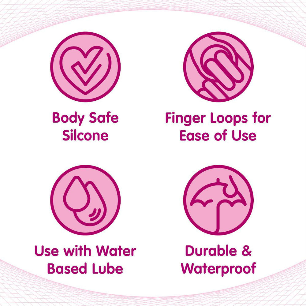 Curved silicone dilator set with icons for body safe silicone, finger loops, water-based lube, and waterproof durability.