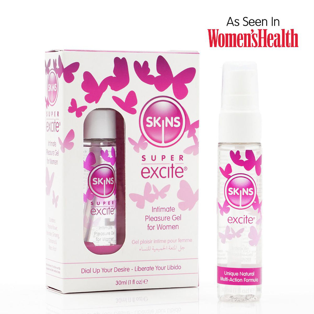 Skins Super Excite Intimate Pleasure Gel for Women in a 30ml bottle and box.