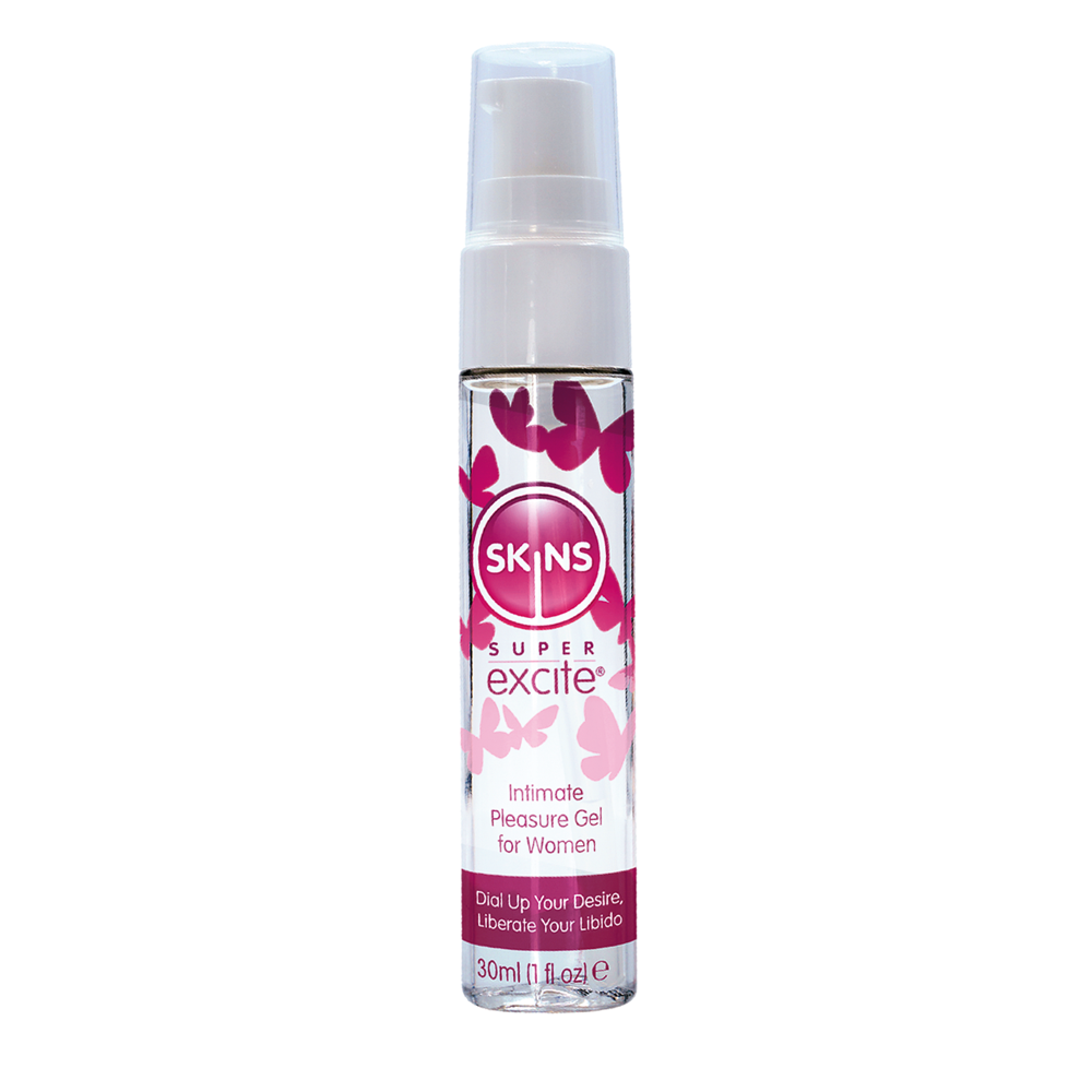 Skins Super Excite Intimate Pleasure Gel for Women in a clear bottle with pink butterflies.