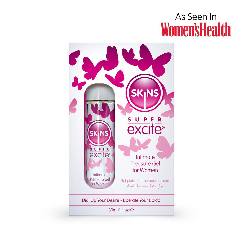 Skins Super Excite Intimate Pleasure Gel for Women in a clear bottle with pink butterflies.