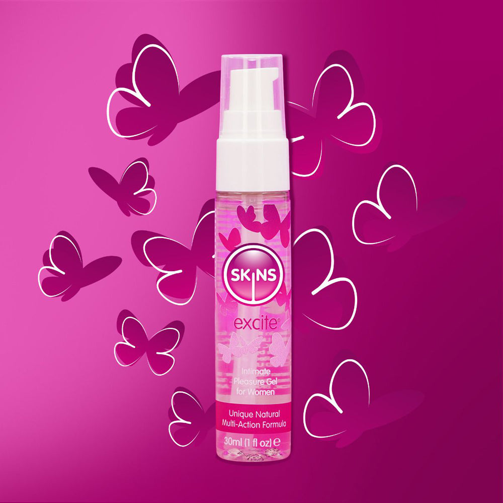 Skins Excite intimate pleasure gel for women in a clear bottle with pink butterflies.