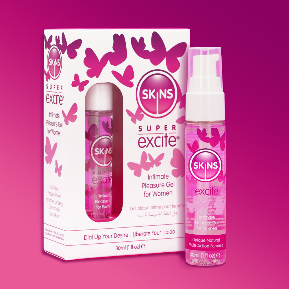 Skins Super Excite intimate pleasure gel for women in a pink butterfly-decorated box and bottle.