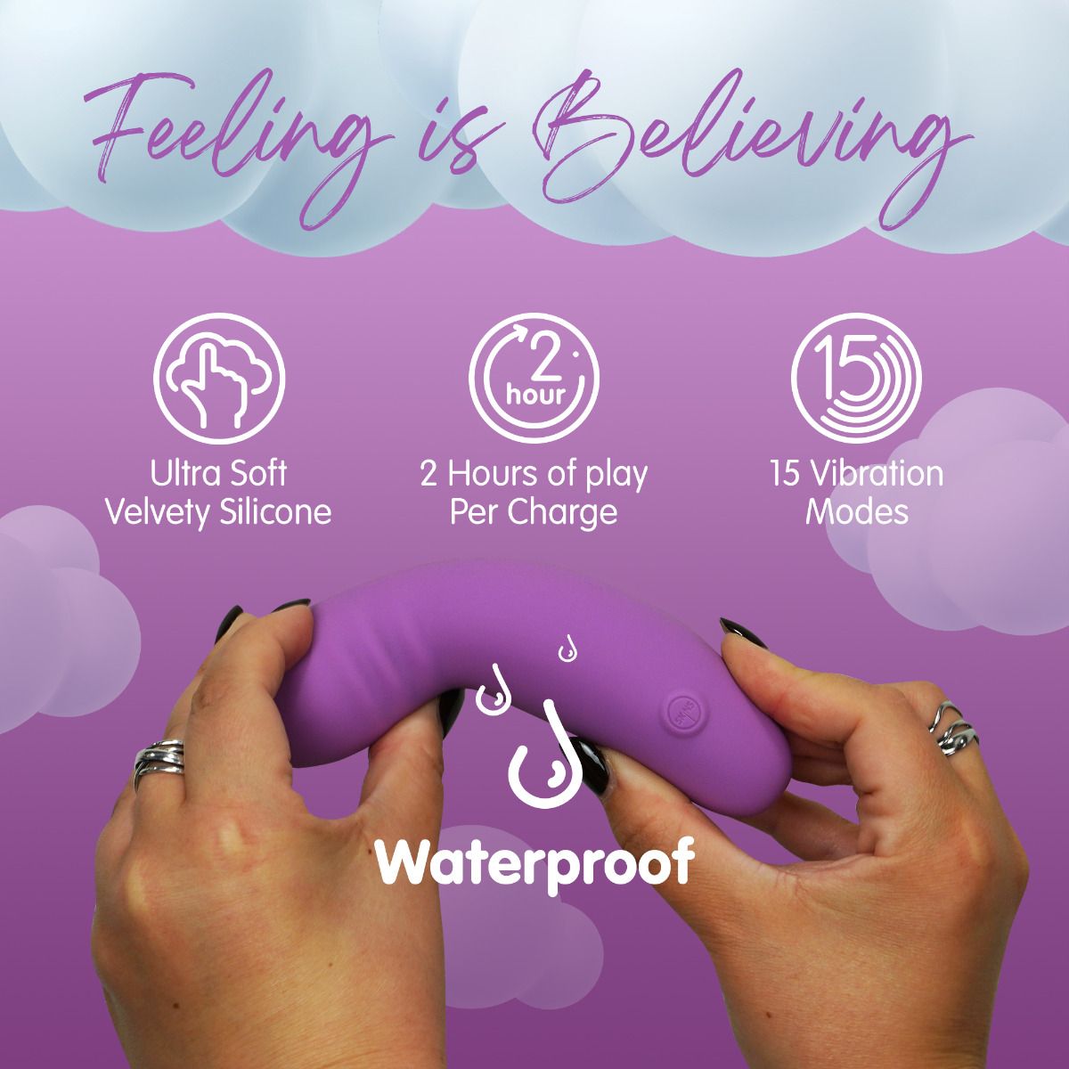 Purple waterproof silicone G-spot vibrator with 15 vibration modes.