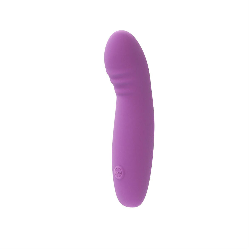 A purple G-spot vibrator made of silicone with a power button.