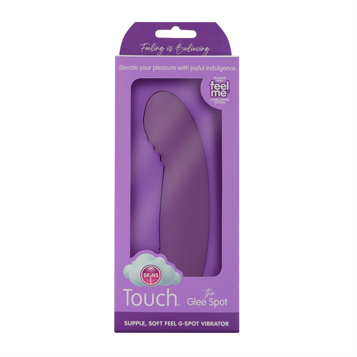 Purple G-spot vibrator in packaging with "Skins Touch" branding.