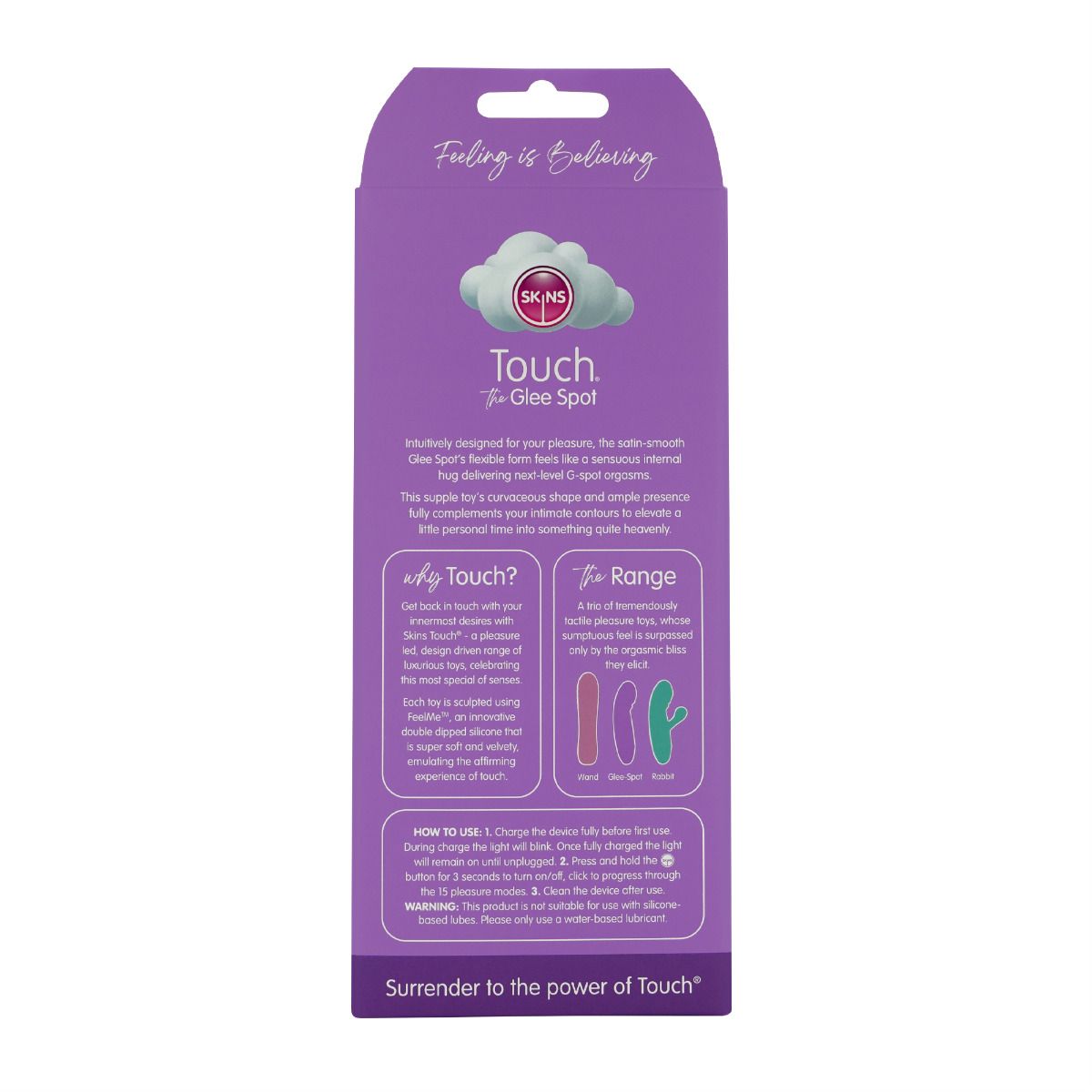 Skins Touch G-Spot vibrator with three colored toys shown.