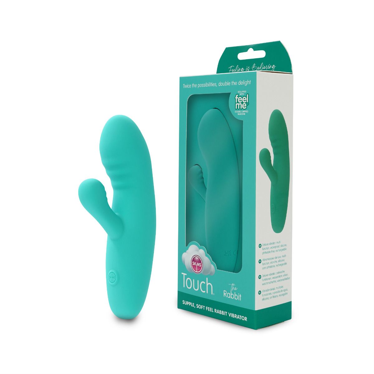 Teal dual motor silicone rabbit vibrator with a box.