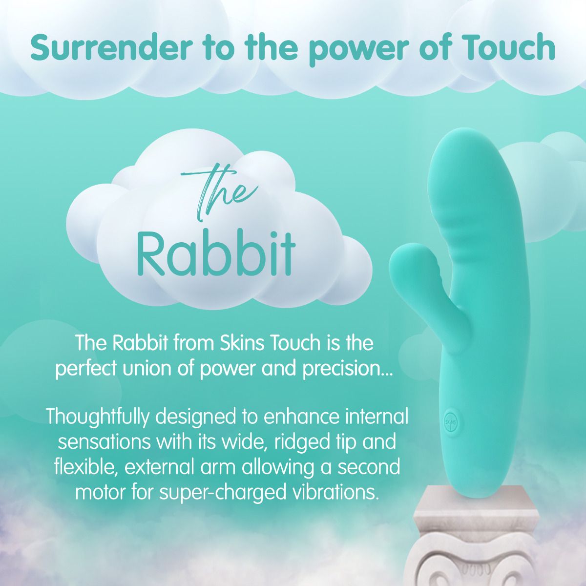A teal rabbit vibrator with dual motors and an external arm.