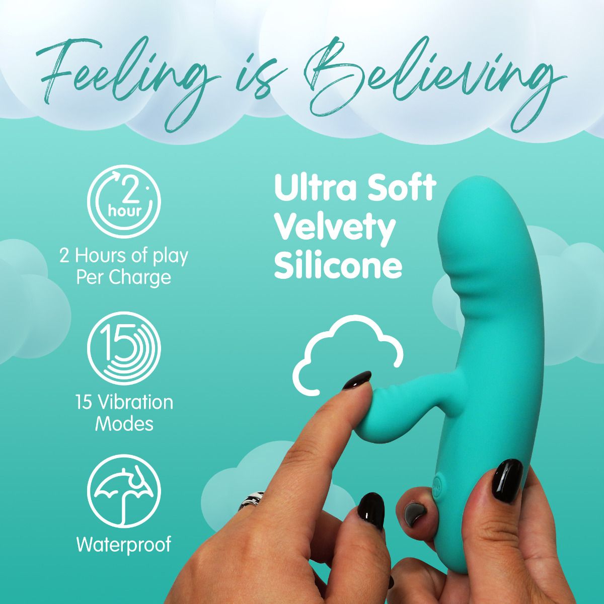 A teal silicone rabbit vibrator with 15 vibration modes and 2 hours of play per charge.