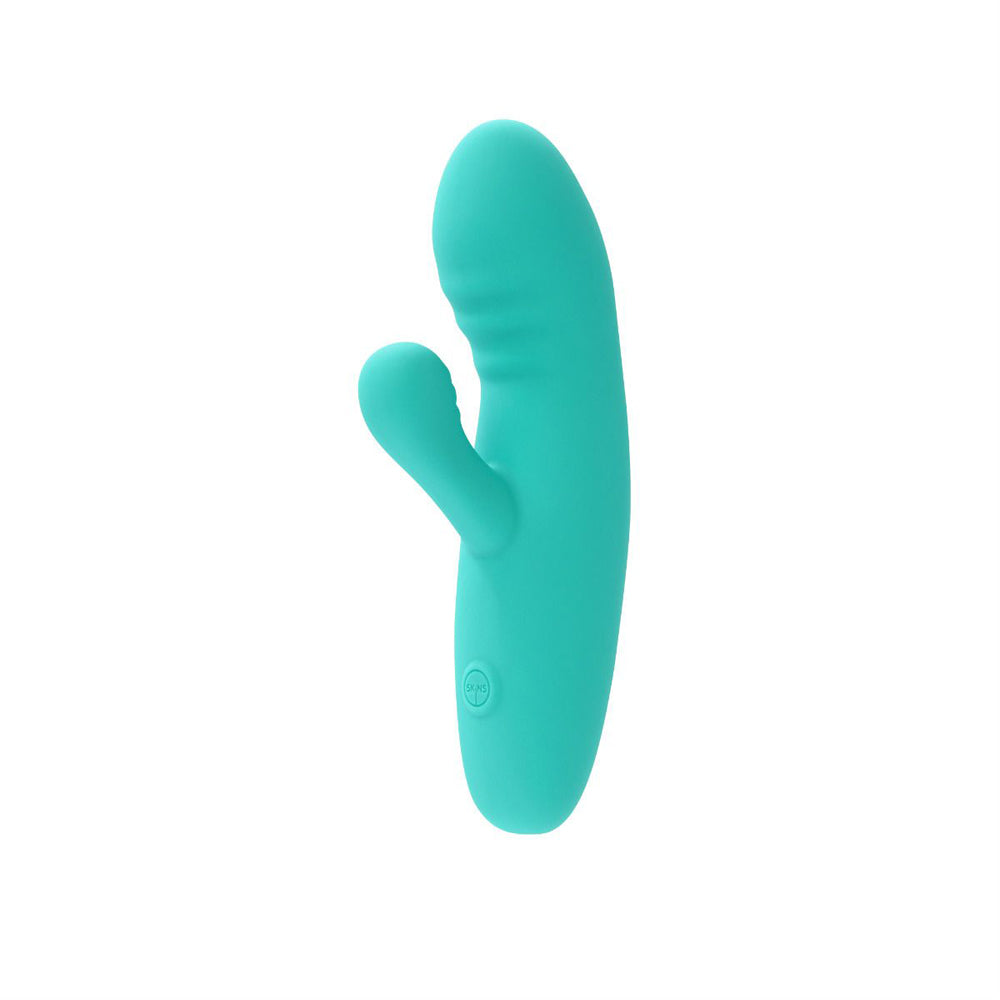 A teal silicone rabbit vibrator with a dual motor and a button.