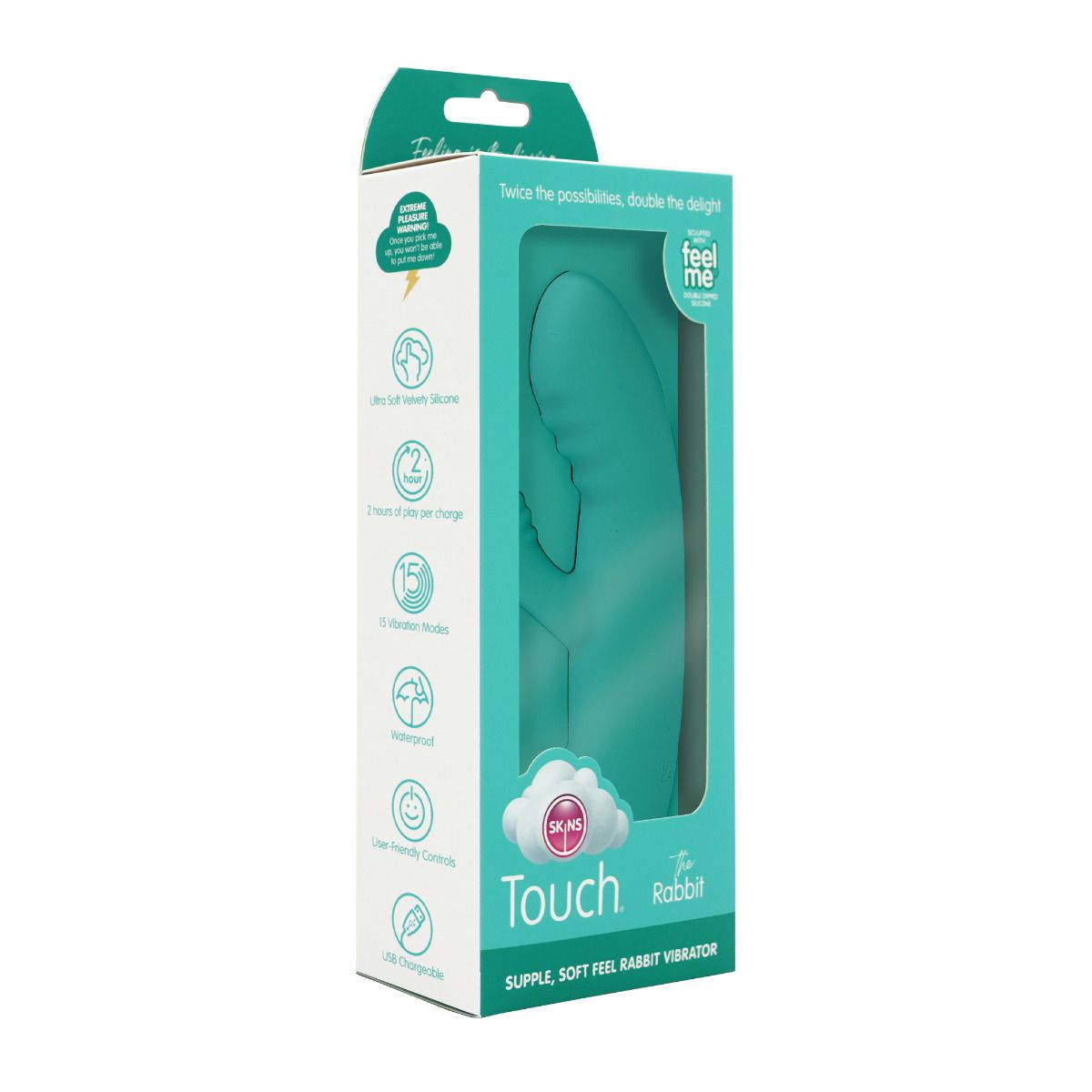 Teal rabbit vibrator in packaging, featuring silicone, waterproof, and rechargeable details.