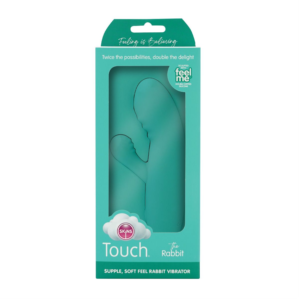 A teal rabbit vibrator in its packaging, featuring the brand name "Touch the Rabbit".