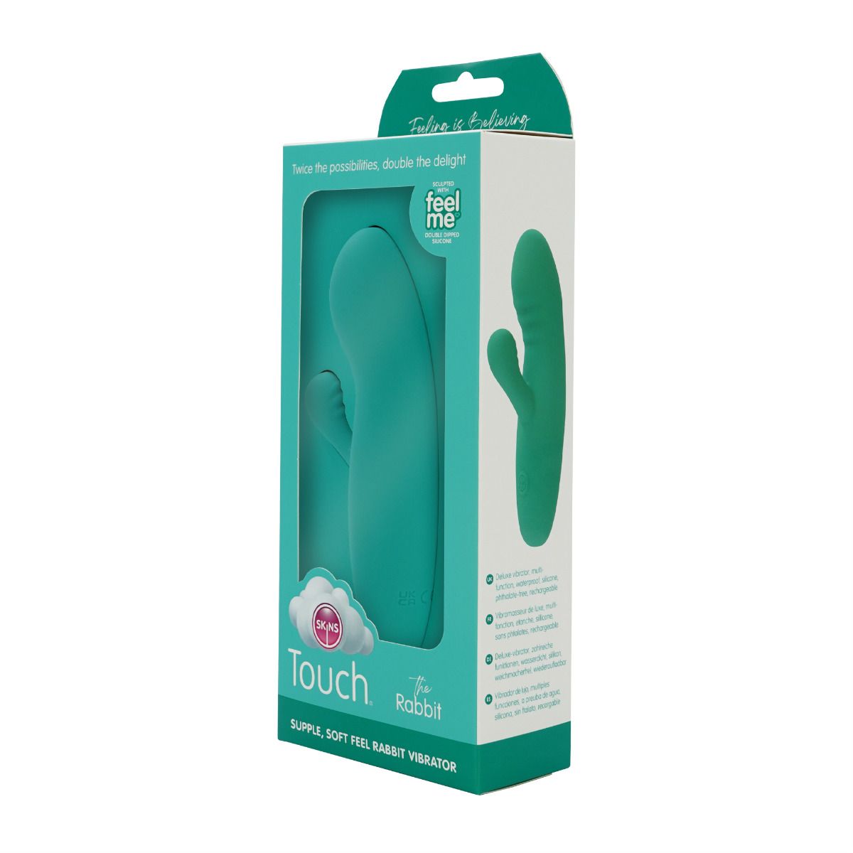 A teal dual motor silicone rabbit vibrator in its packaging.