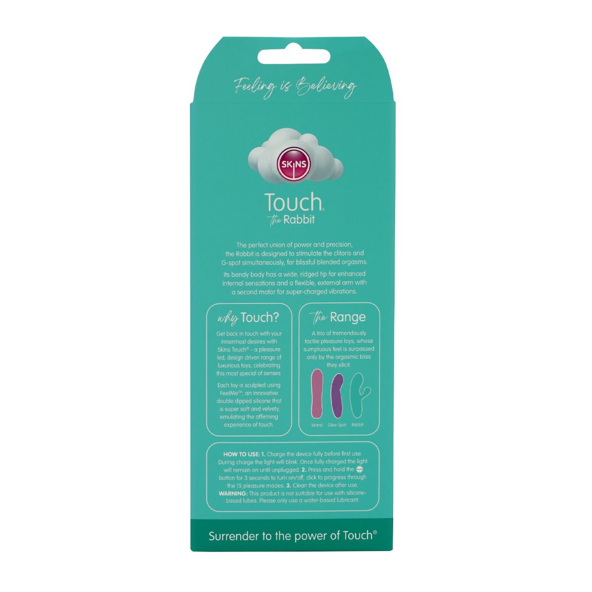 Skins Touch the Rabbit dual motor silicone vibrator with cloud logo.