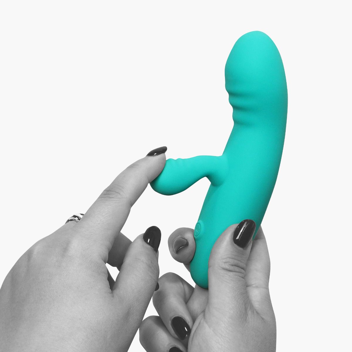 Teal dual motor silicone vibrator held by two hands.