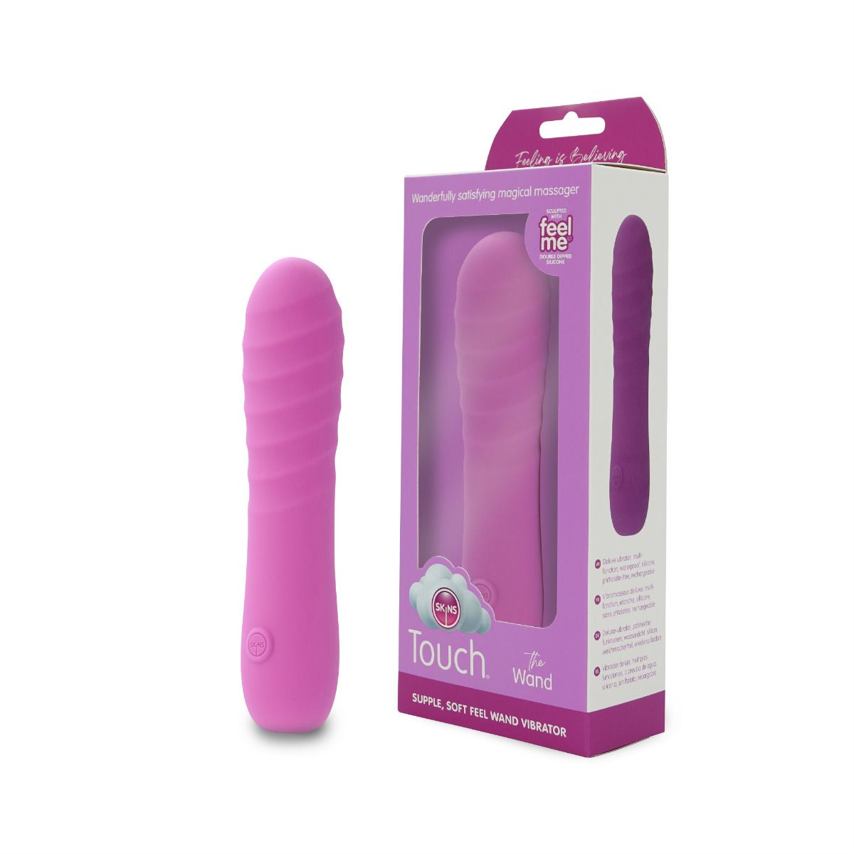 A pink silicone wand massager with a box that says "Skins Touch the Wand".
