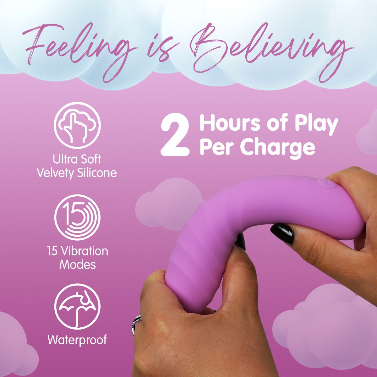 A purple silicone wand massager with 15 vibration modes and 2 hours of play per charge.