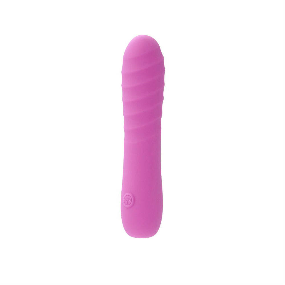 A pink silicone wand massager with ribbed texture and a power button.