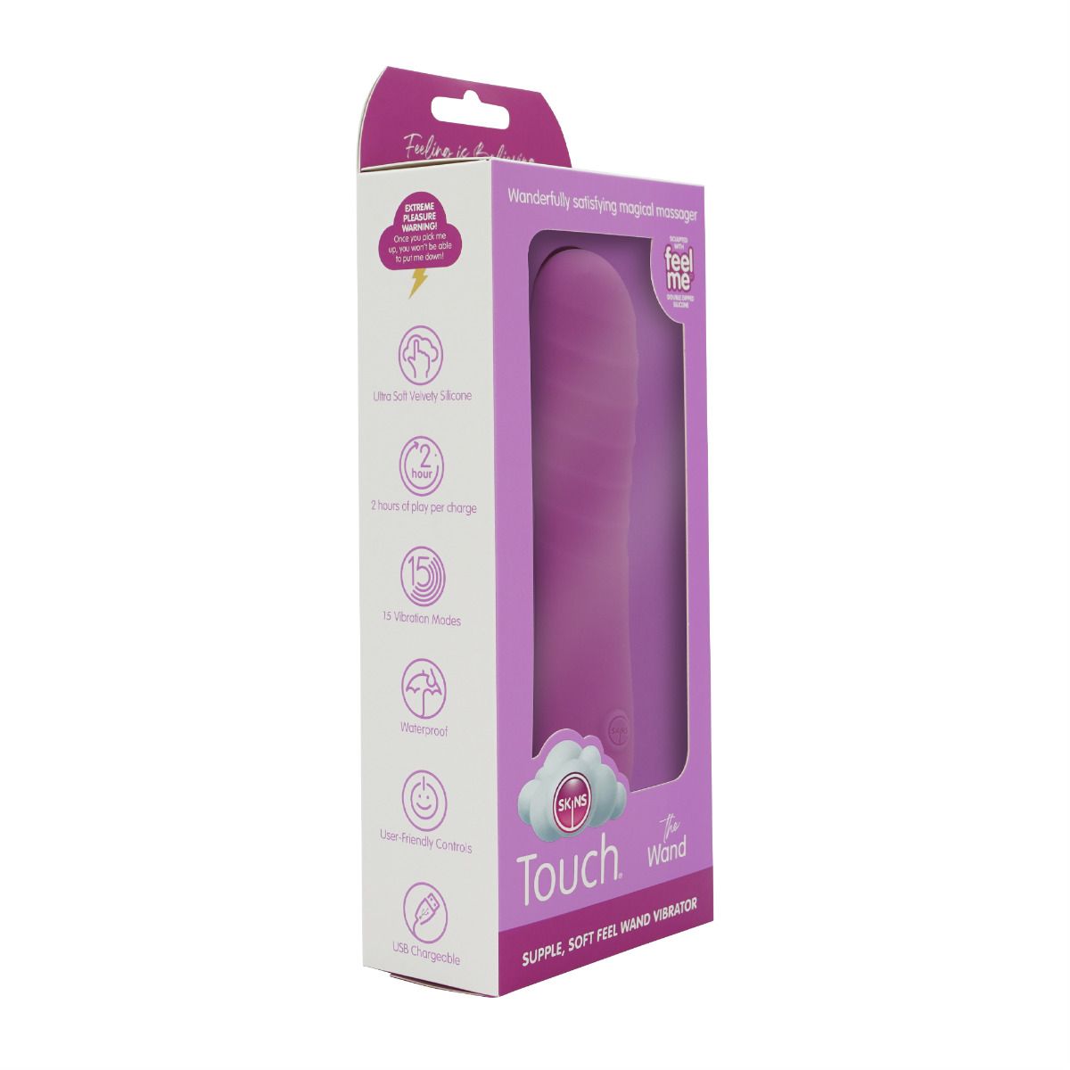 Purple rechargeable silicone wand massager with 15 vibration modes.