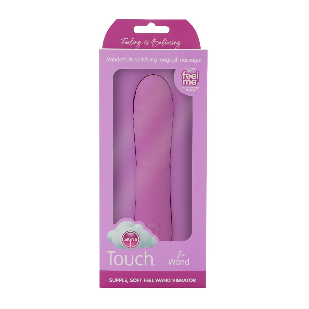 Pink silicone wand massager in packaging with text "Skins Touch" and "Feeling is Believing".