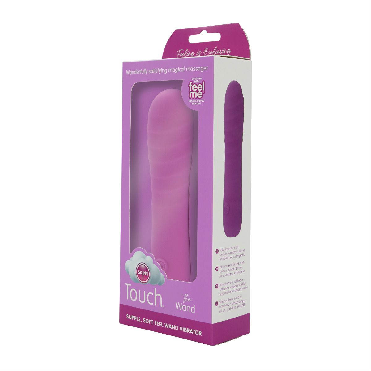 A pink rechargeable silicone wand massager in its box.