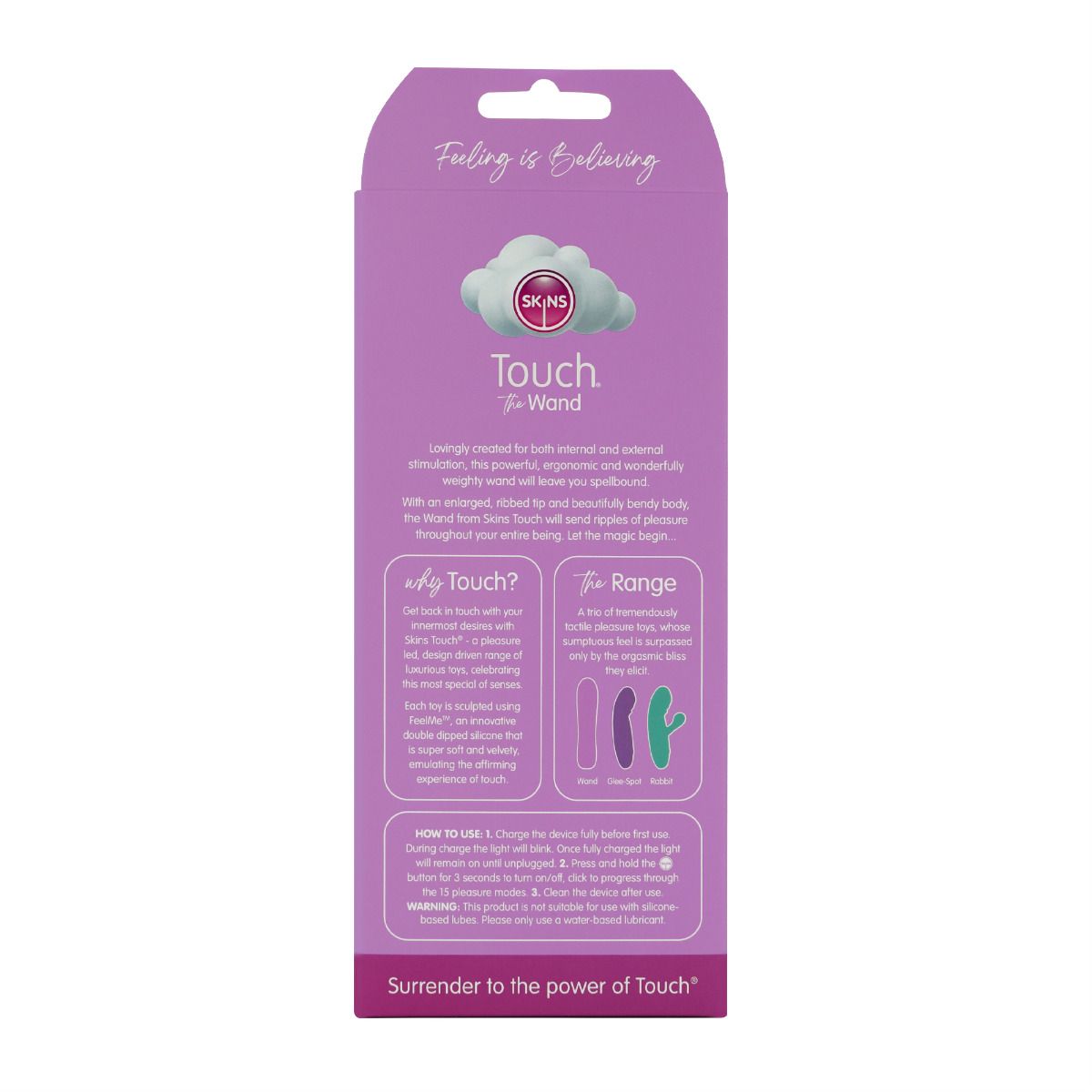 Skins Touch rechargeable silicone wand massager with 15 modes.