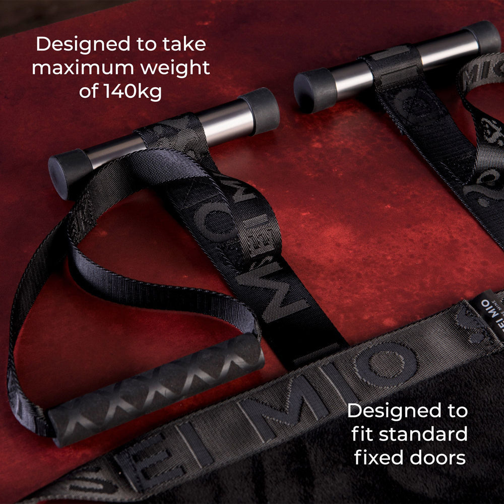 Adjustable door swing with padded straps and metal bars.