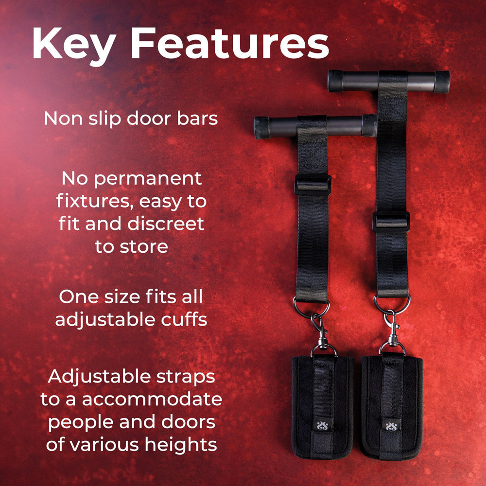 Doorway restraints with padded cuffs and adjustable straps.