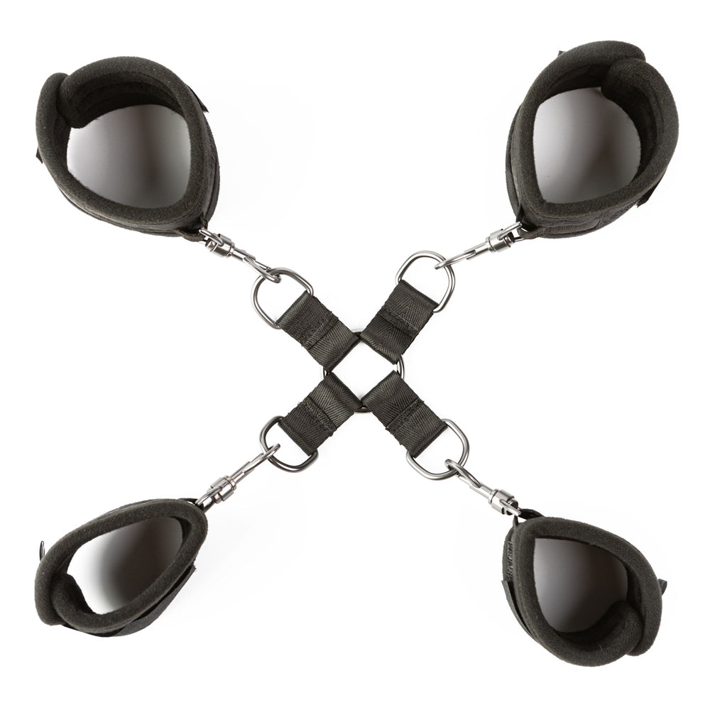 Velvet padded hog tie restraint set with four detachable cuffs.