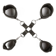 Velvet padded hog tie restraint set with four detachable cuffs.