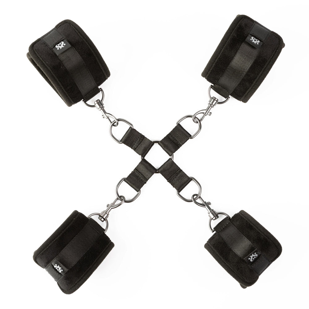 Velvet padded hog tie restraint set with four detachable cuffs.