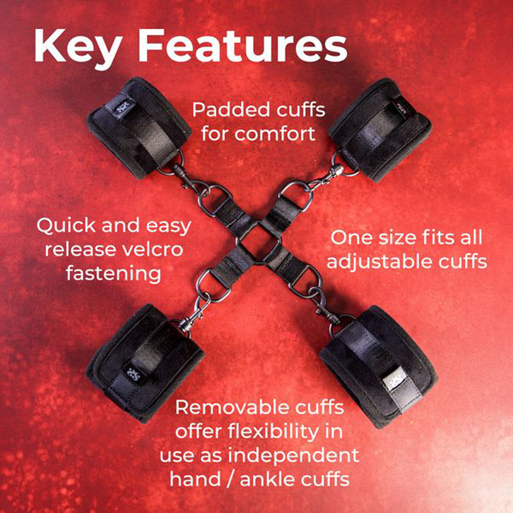 Velvet padded hog tie restraint set with four detachable cuffs.