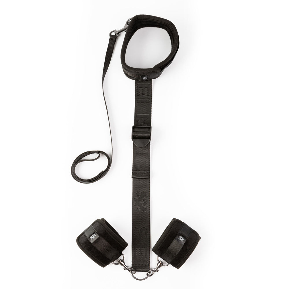 Black adjustable neck and wrist restraint kit with padded cuffs.
