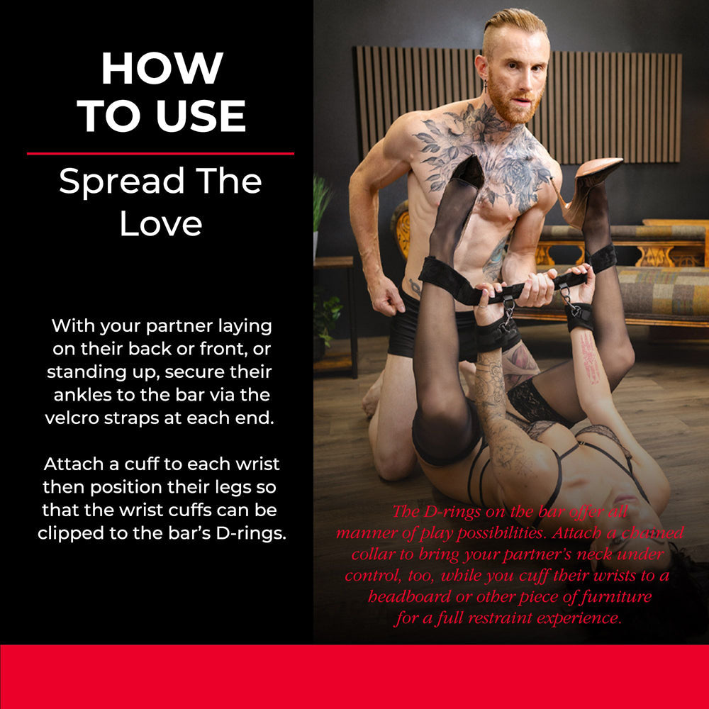 Ankle spreader bar with velvet wrist cuffs for intimate play.