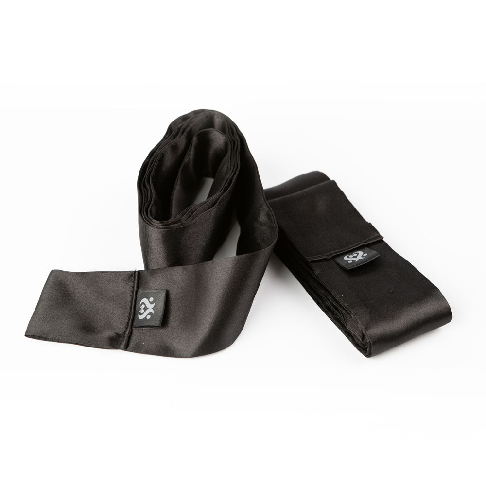 Two black satin silk sash restraints with a logo tag.