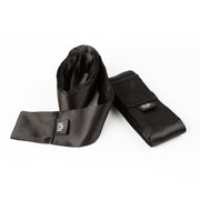 Two black satin silk sash restraints with a logo tag.