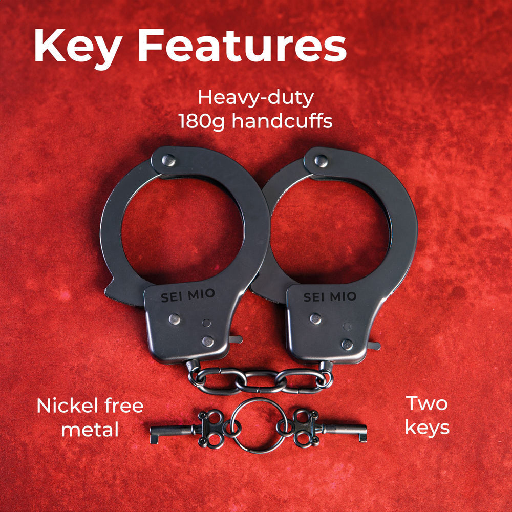 Heavy-duty nickel-free metal handcuffs with two keys.