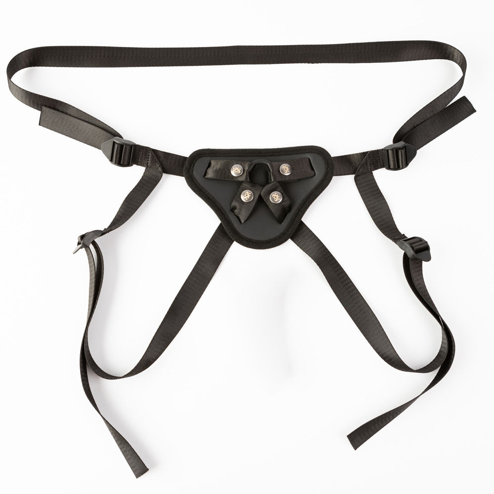 Black adjustable pegging harness with O-rings and vibe pocket.