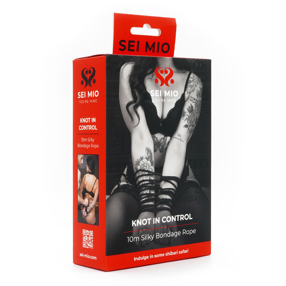 Sei Mio 10m silky bondage rope in red packaging with a black and white image of a person tied with rope.