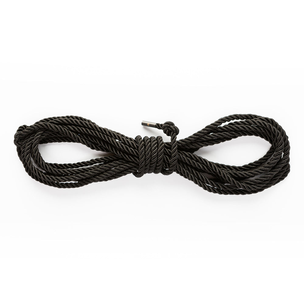A 10-meter black silky bondage rope with a metal tip.