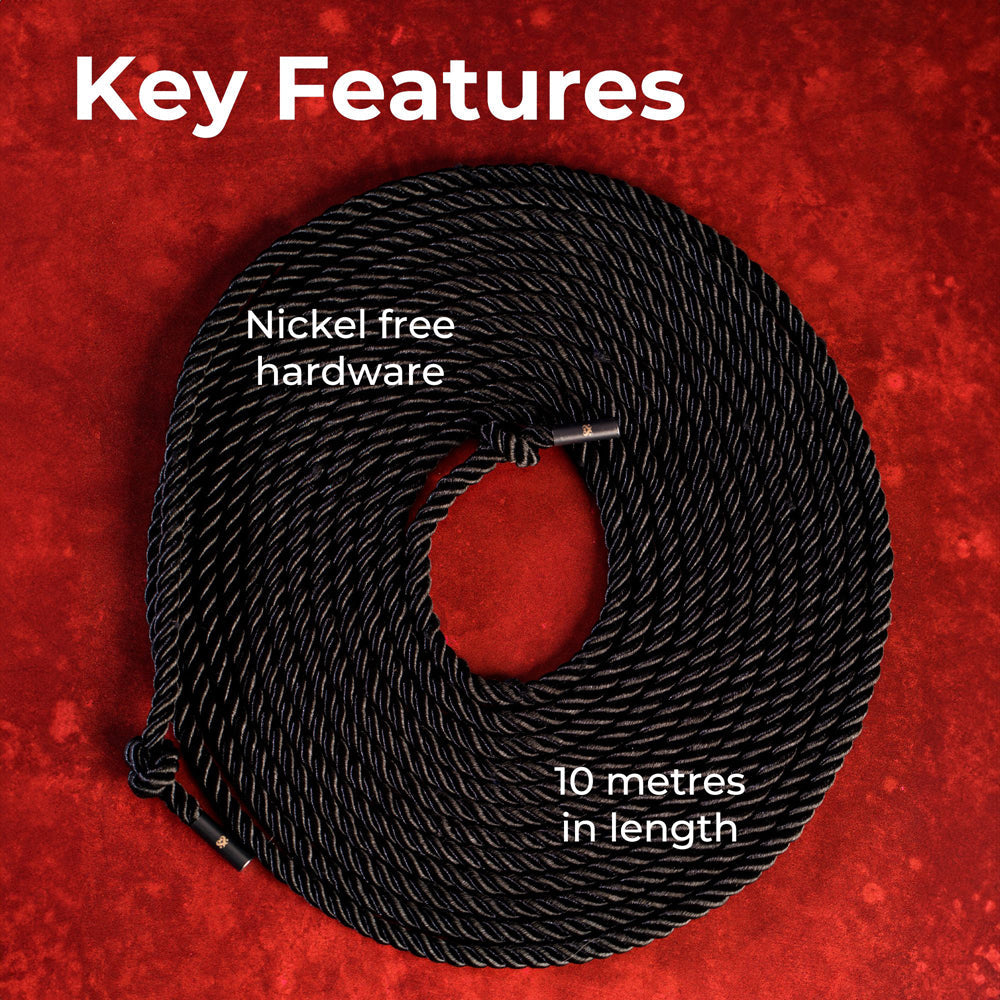 Black silky bondage rope, 10 meters long, with nickel-free hardware.