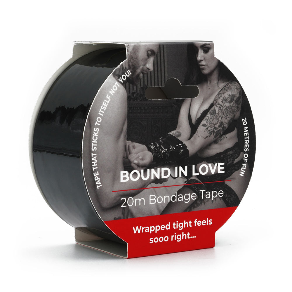 Black 20m bondage tape on a roll with suggestive imagery.