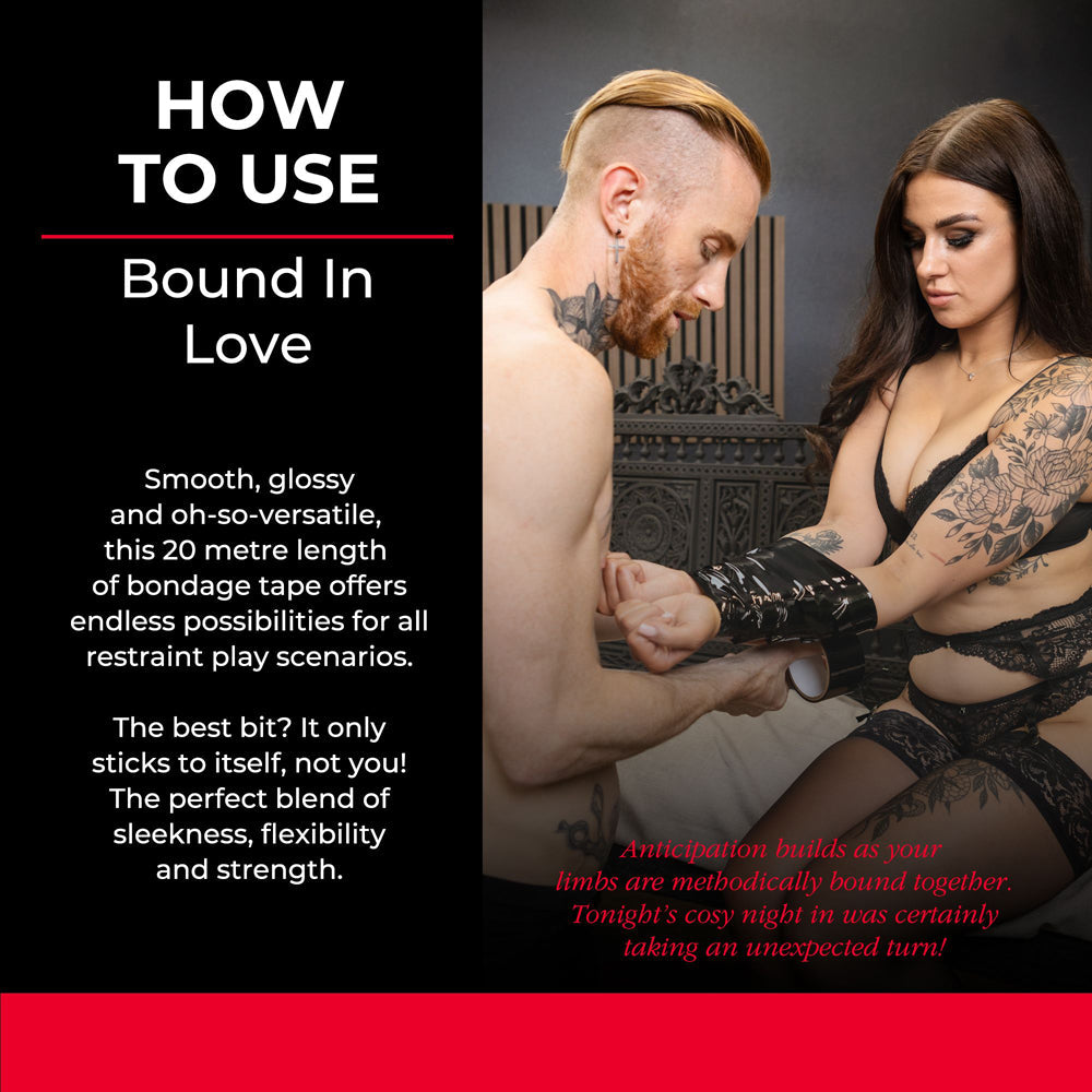 A man wraps black bondage tape around a woman's arms.
