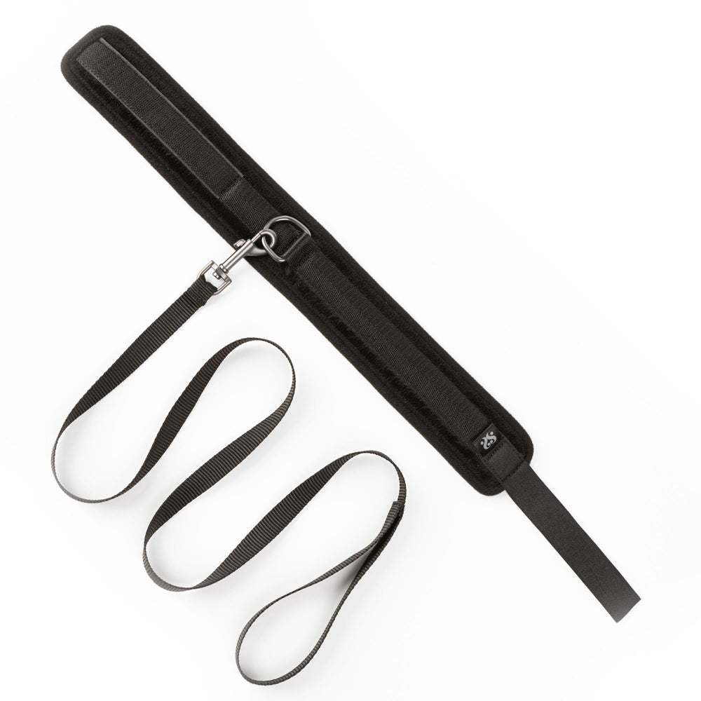 Black padded neck collar with a leash and metal clip.