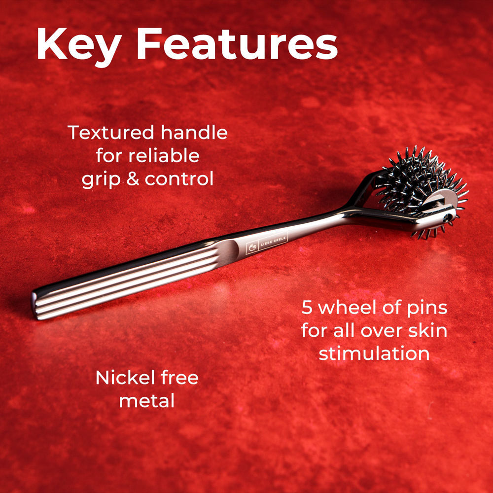 A 5-row sensory pinwheel with a textured handle and nickel-free metal.